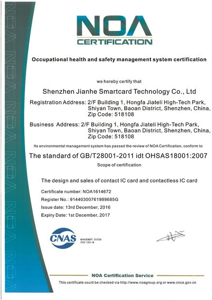 Κίνα Shenzhen jianhe Smartcard Technology Co.,Ltd Πιστοποιήσεις